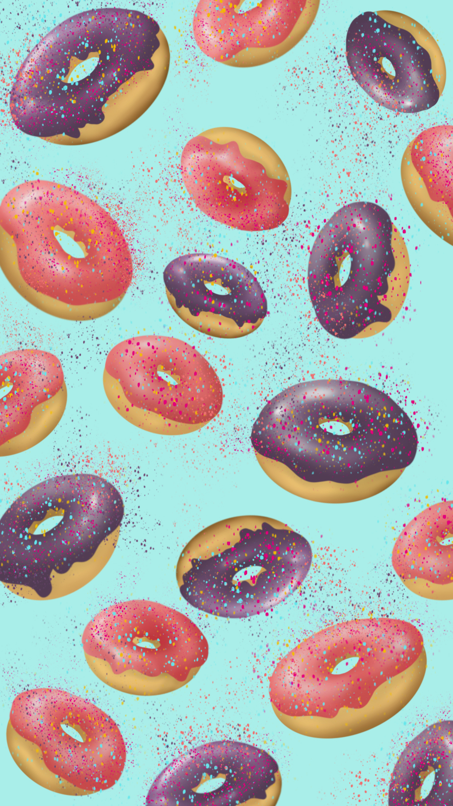 digitally painted phone wallpaper featuring pink and purple donuts and a light blue background 