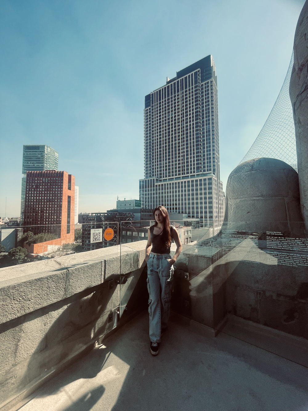 Image of Carissa Waynert standing outside an observation tower with Mexico city in the background. She is a white female with long brown hair, wearing a grey sleeveless shirt and green cargo pants. 