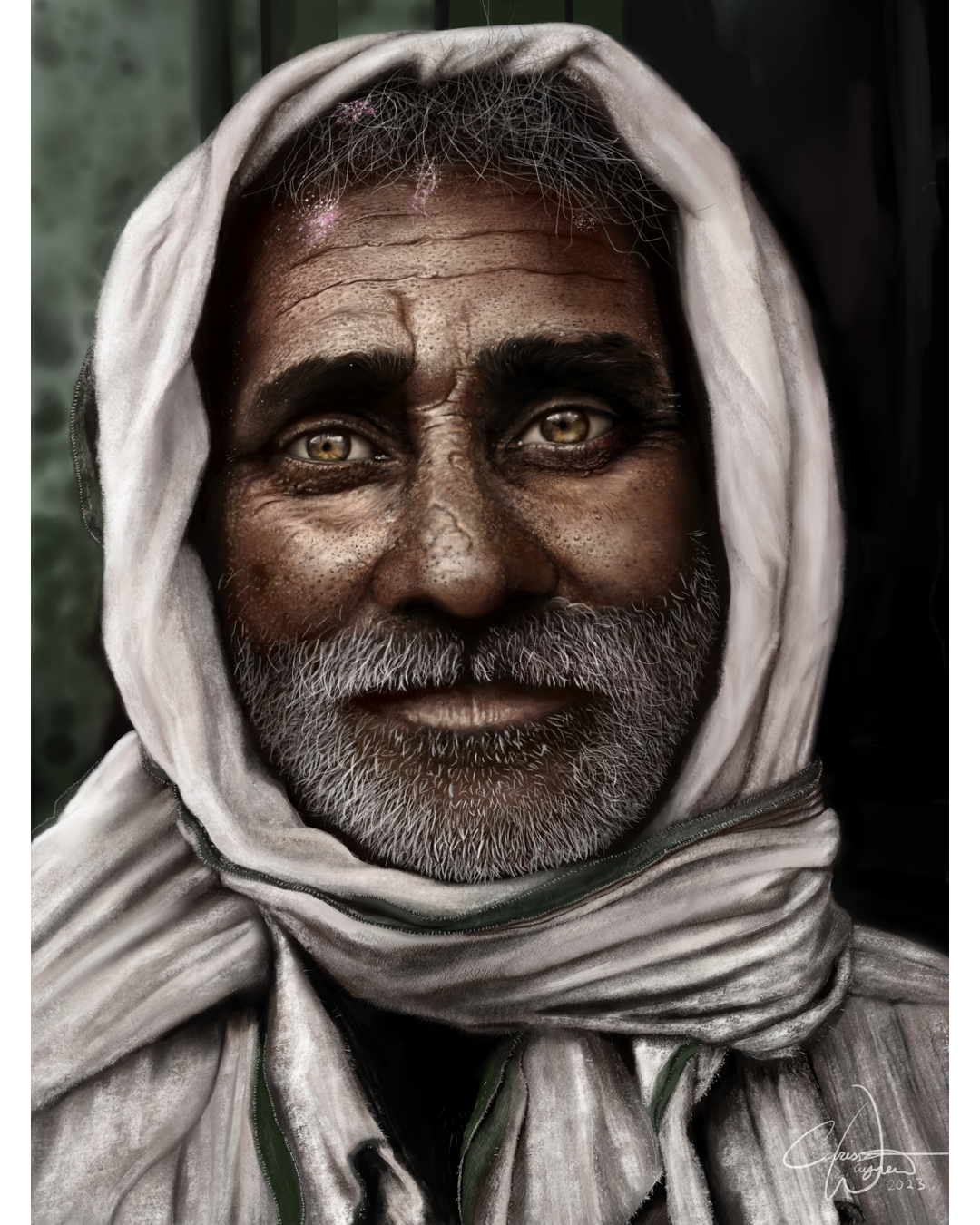 Coloured portrait drawing of an elderly Indian man with a short grey beard, wearing a white head scarf. 