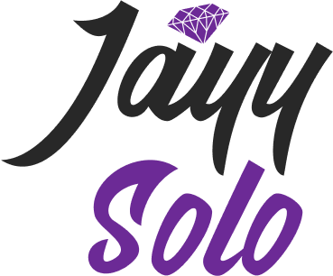 Logo for Jayy solo, Jayy is in black with a purple diamond on top, Solo is beneath in purple. 