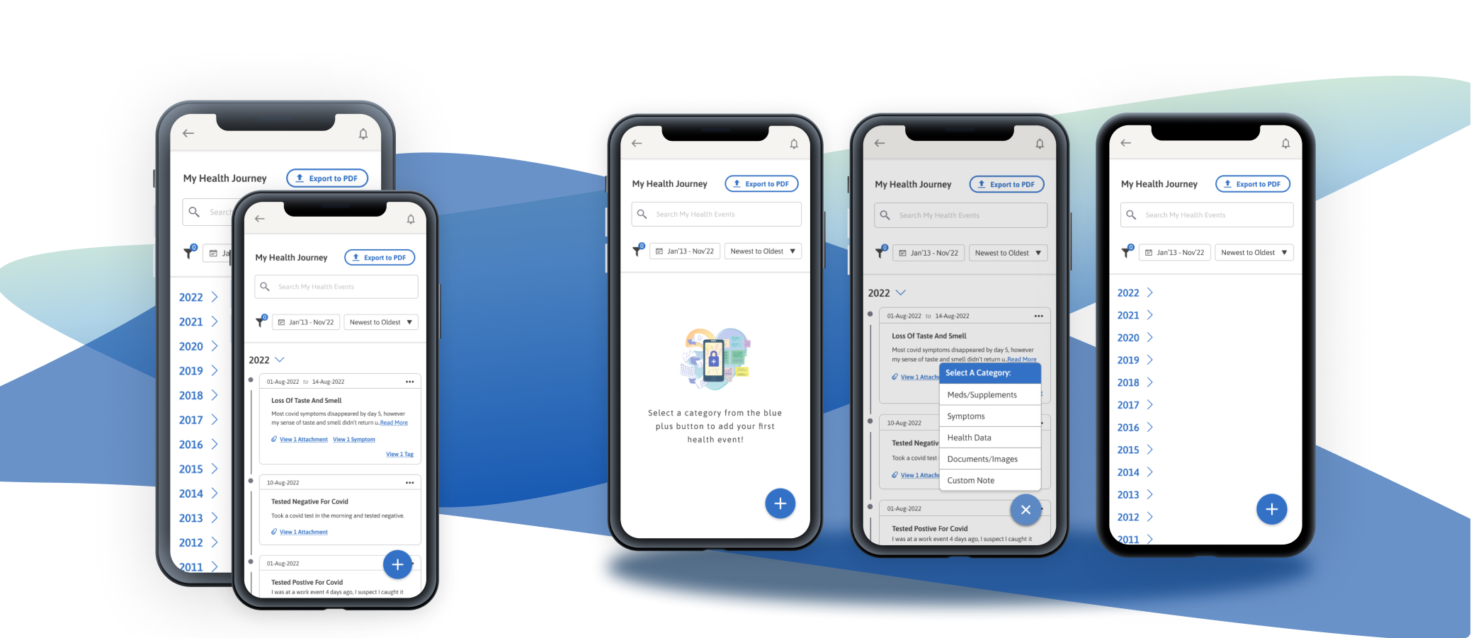 Zamplo Health Journey image preview - includes a version with the years collapsed, one with the years expanded, one empty and one selecting a new event category. 
