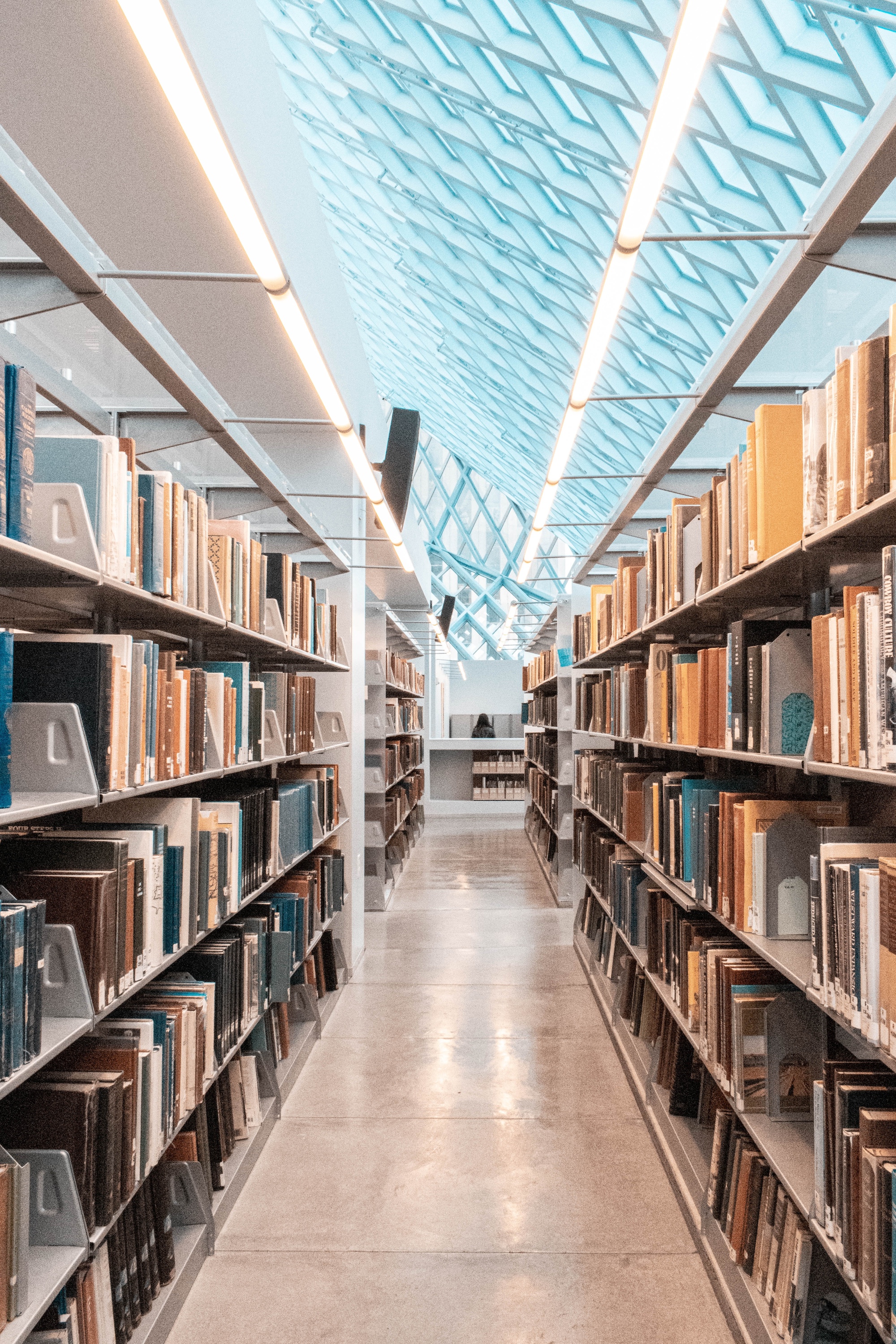 image of a book aisle in a library
