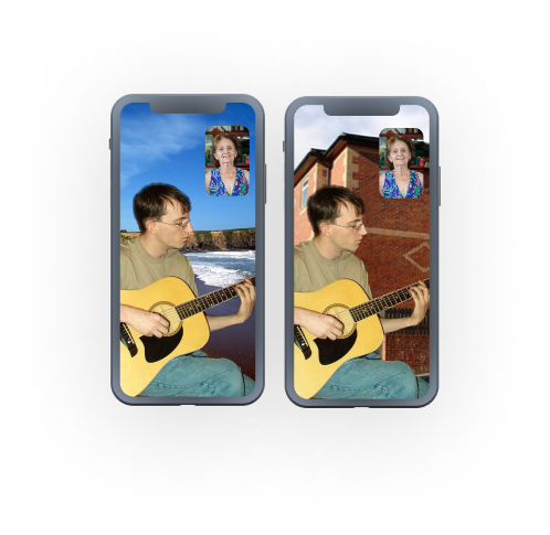 Image of a facetime call with a man changing the virtual background from a beach to a brick building