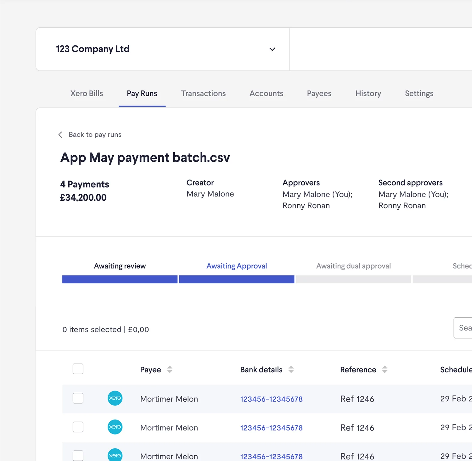 Screenshot of pay run page