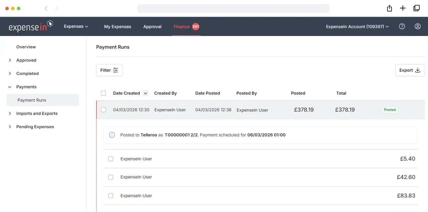 Expense in online expenses software integrate Telleroo ExpenseIn