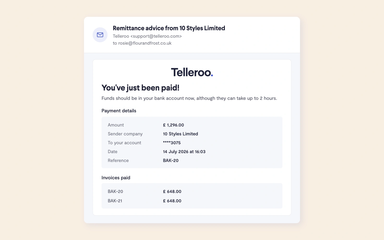 Remittance advice email sent automatically from Telleroo