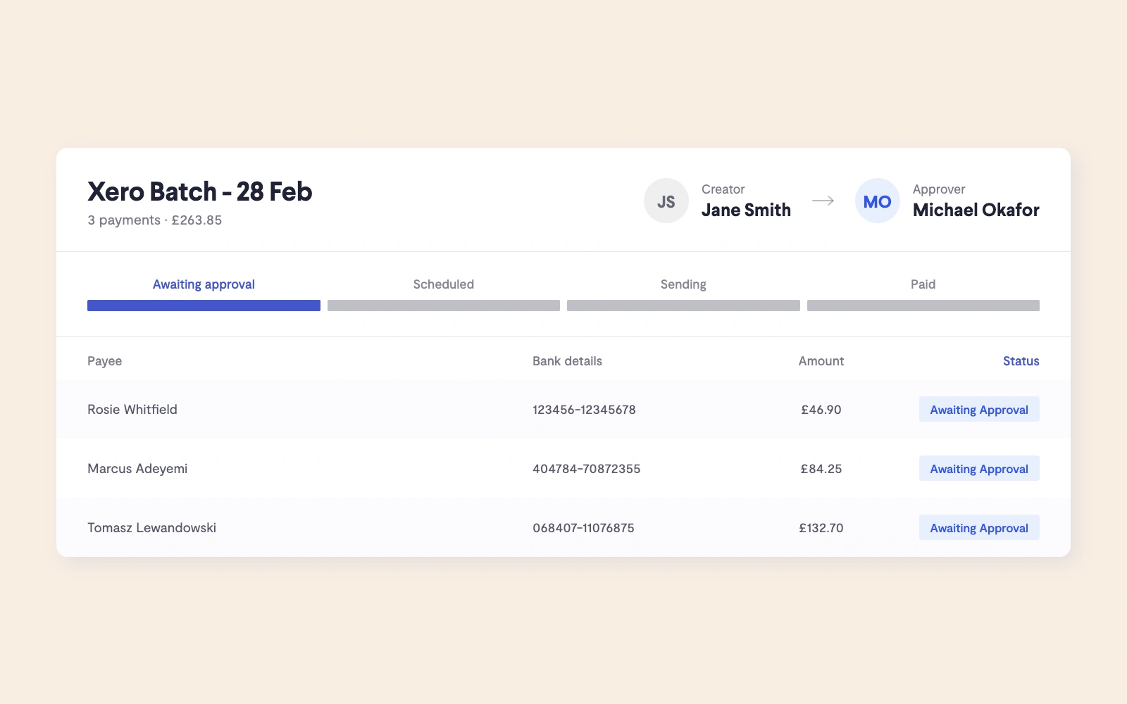 A Xero pay run created by one team member and approved by another