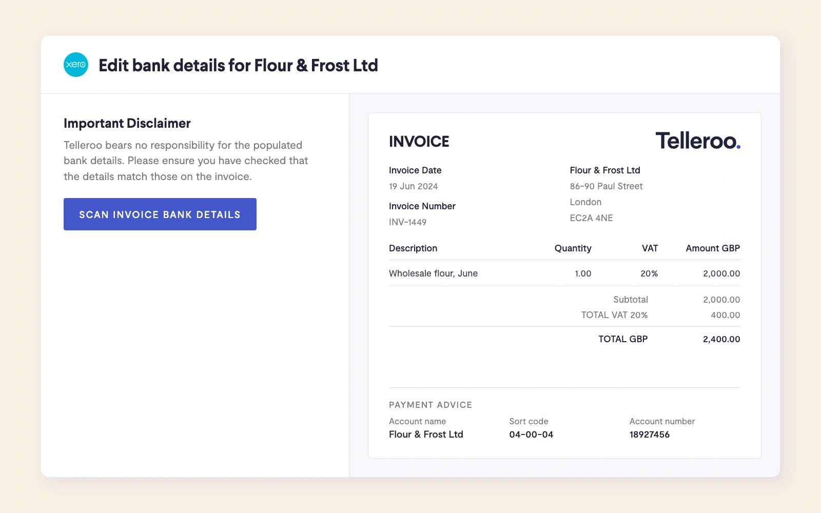 Scanning supplier bank details from a Xero invoice