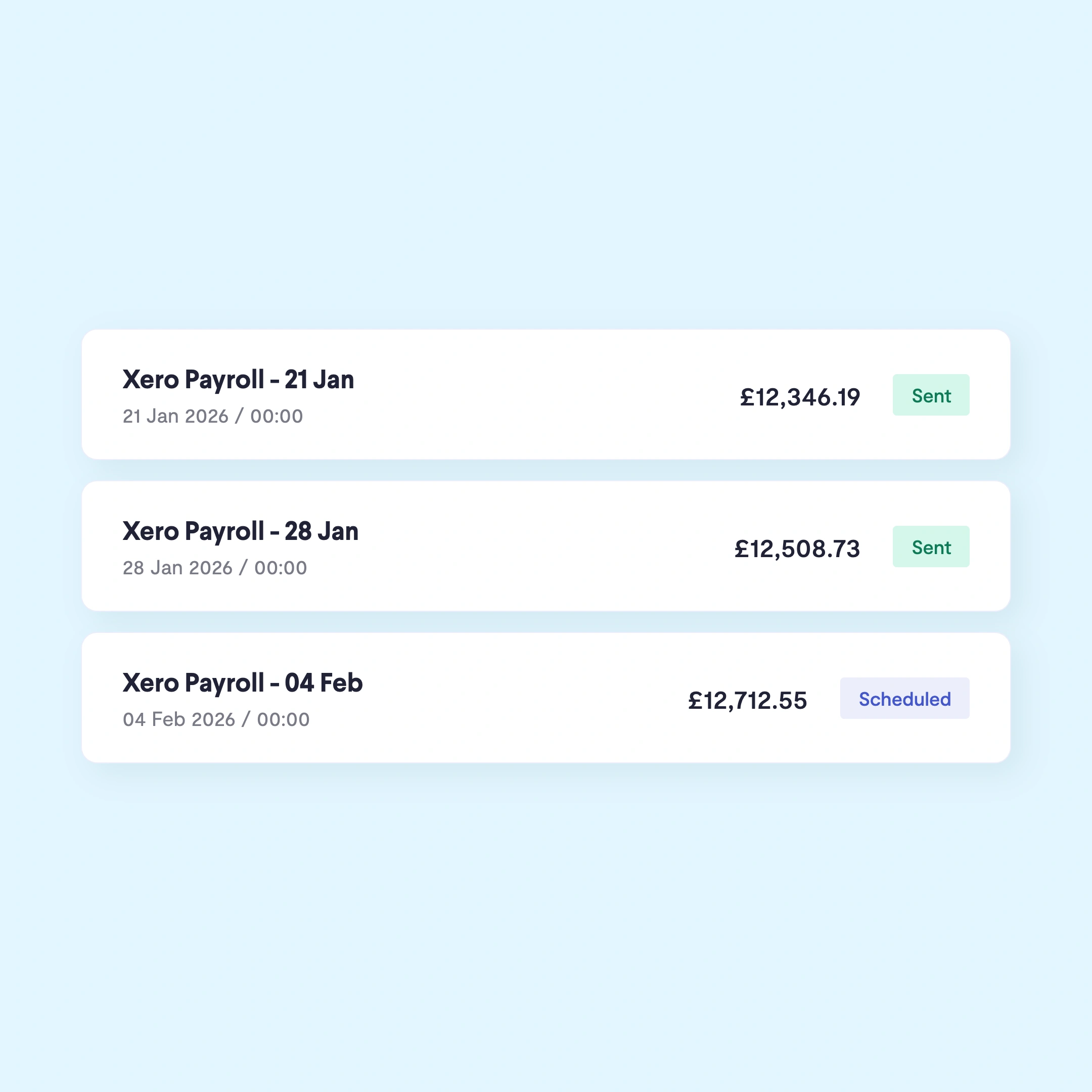 Xero payroll pay runs marked as sent and scheduled