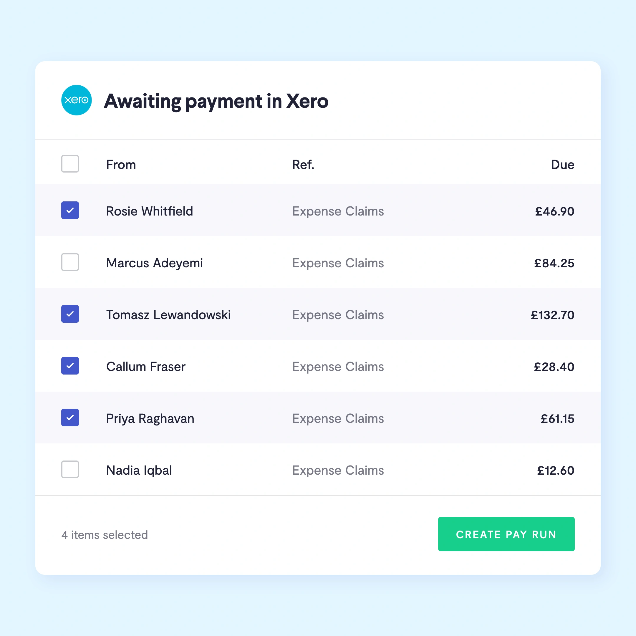 Xero expense claims awaiting payment in Telleroo