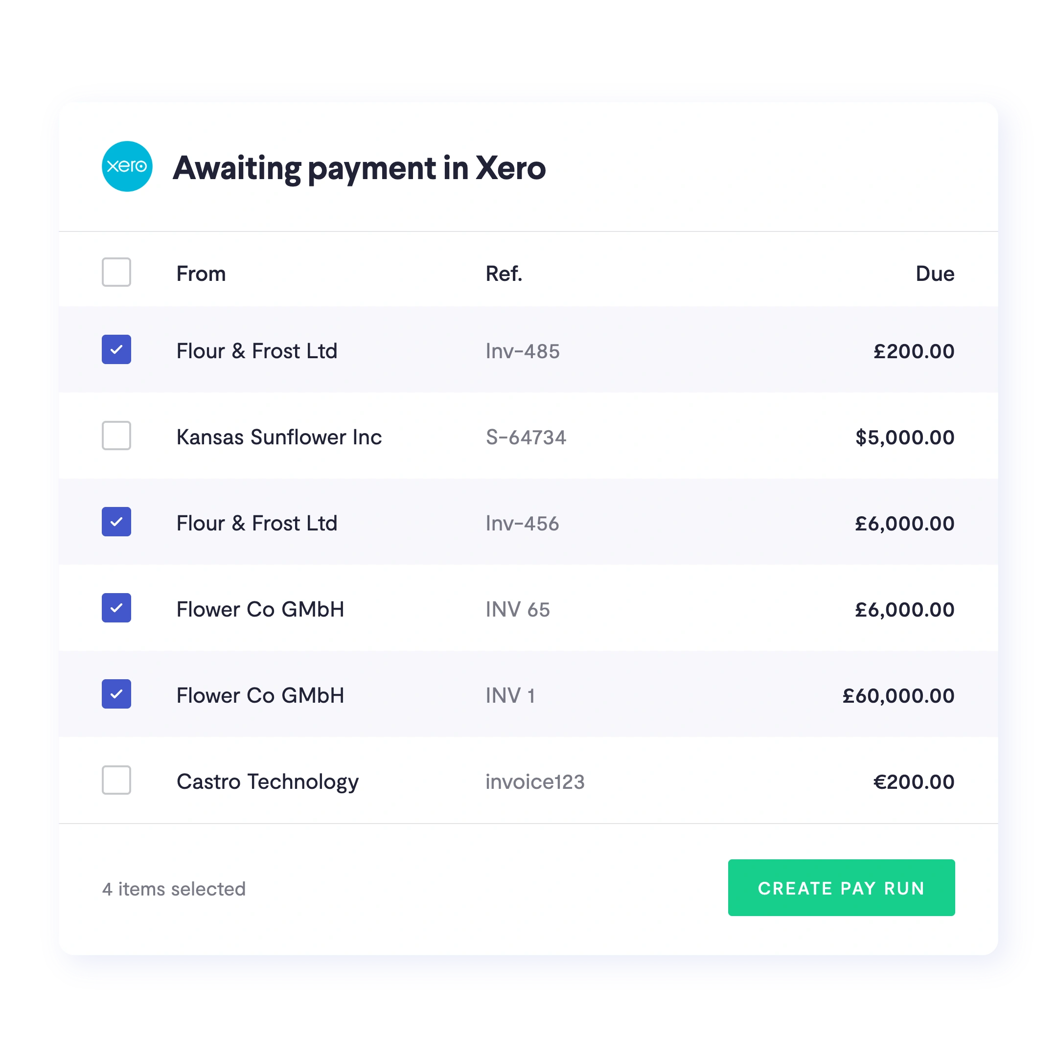 Bills awaiting payment in Xero, ready to pay through Telleroo