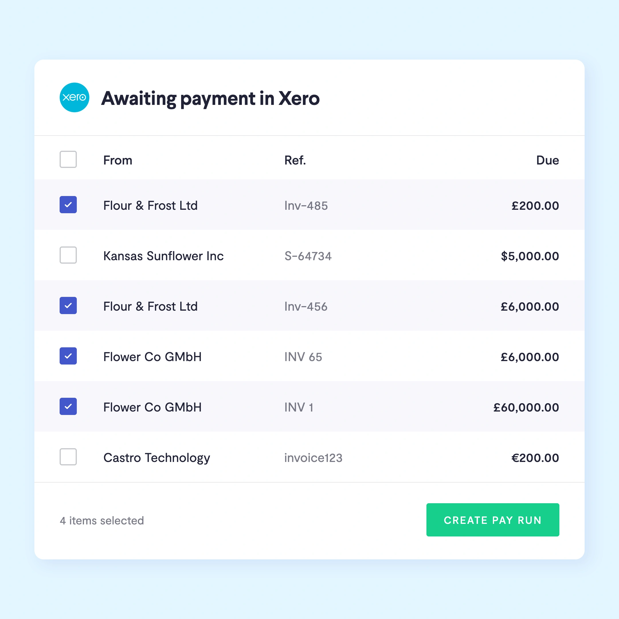 Xero bills awaiting payment listed in Telleroo