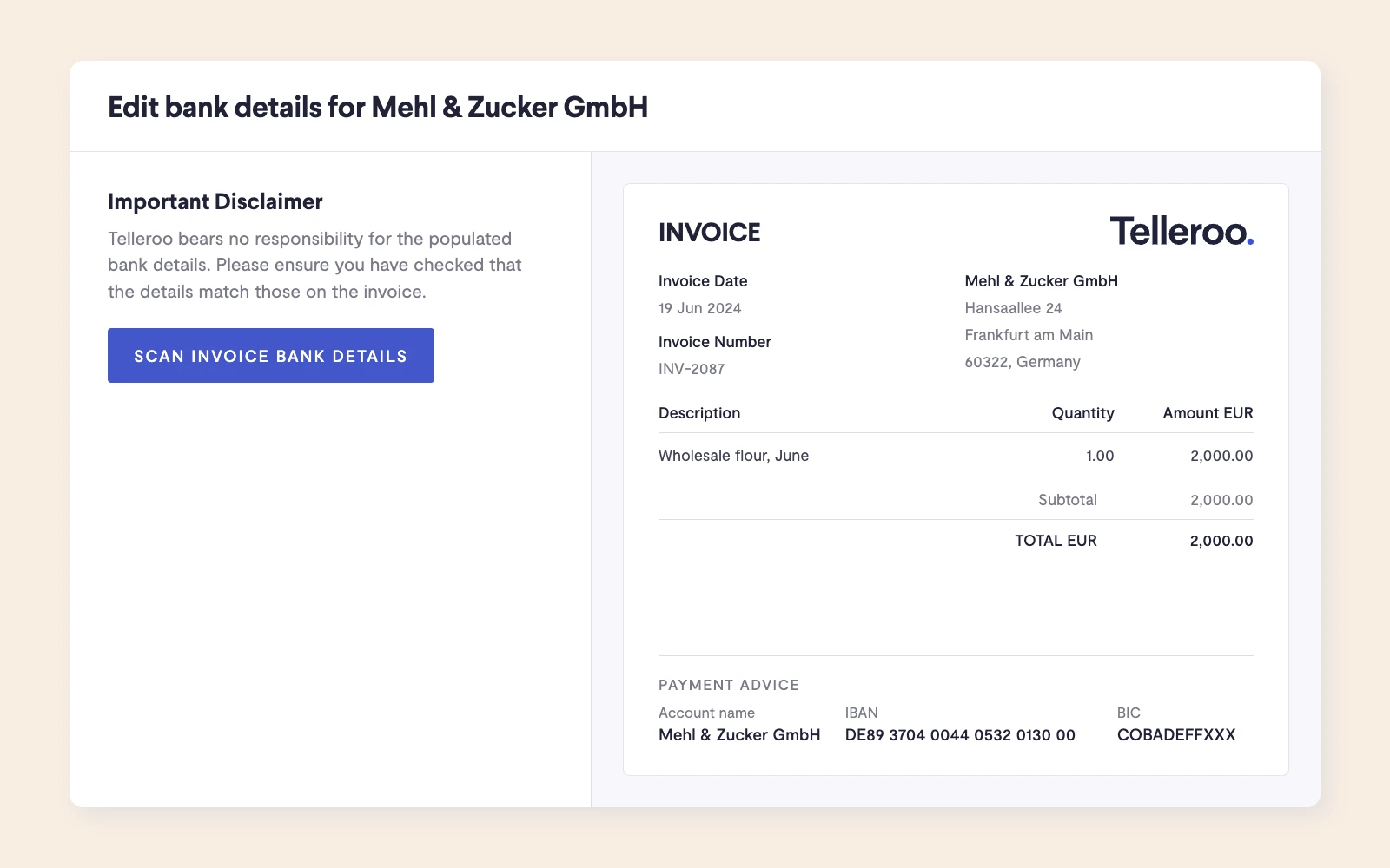 Scanning international bank details from an invoice in Telleroo