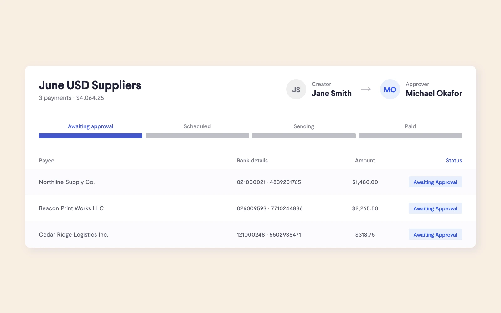 Dual approval on an international payment in Telleroo