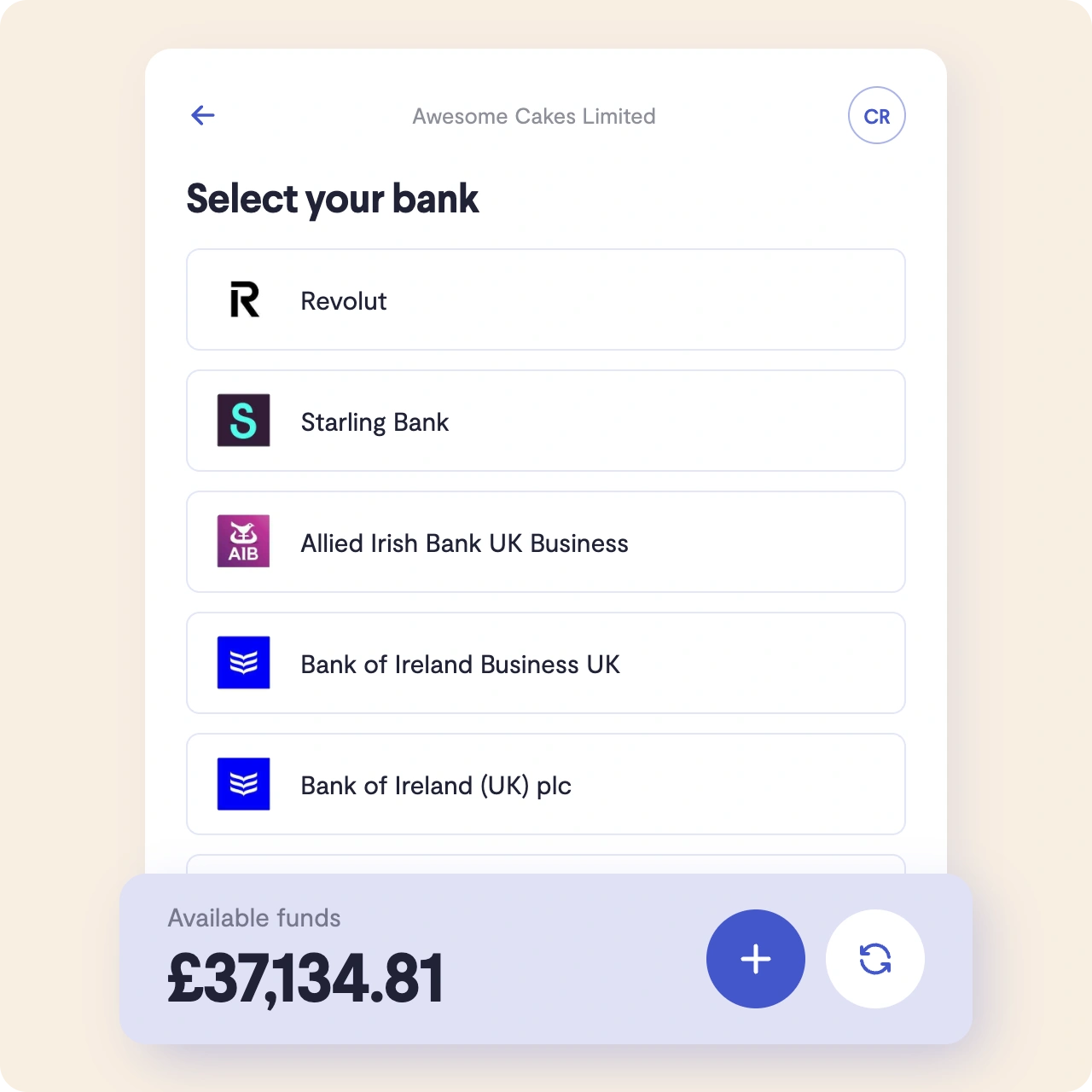 Telleroo app: select a bank account to fund a pay run