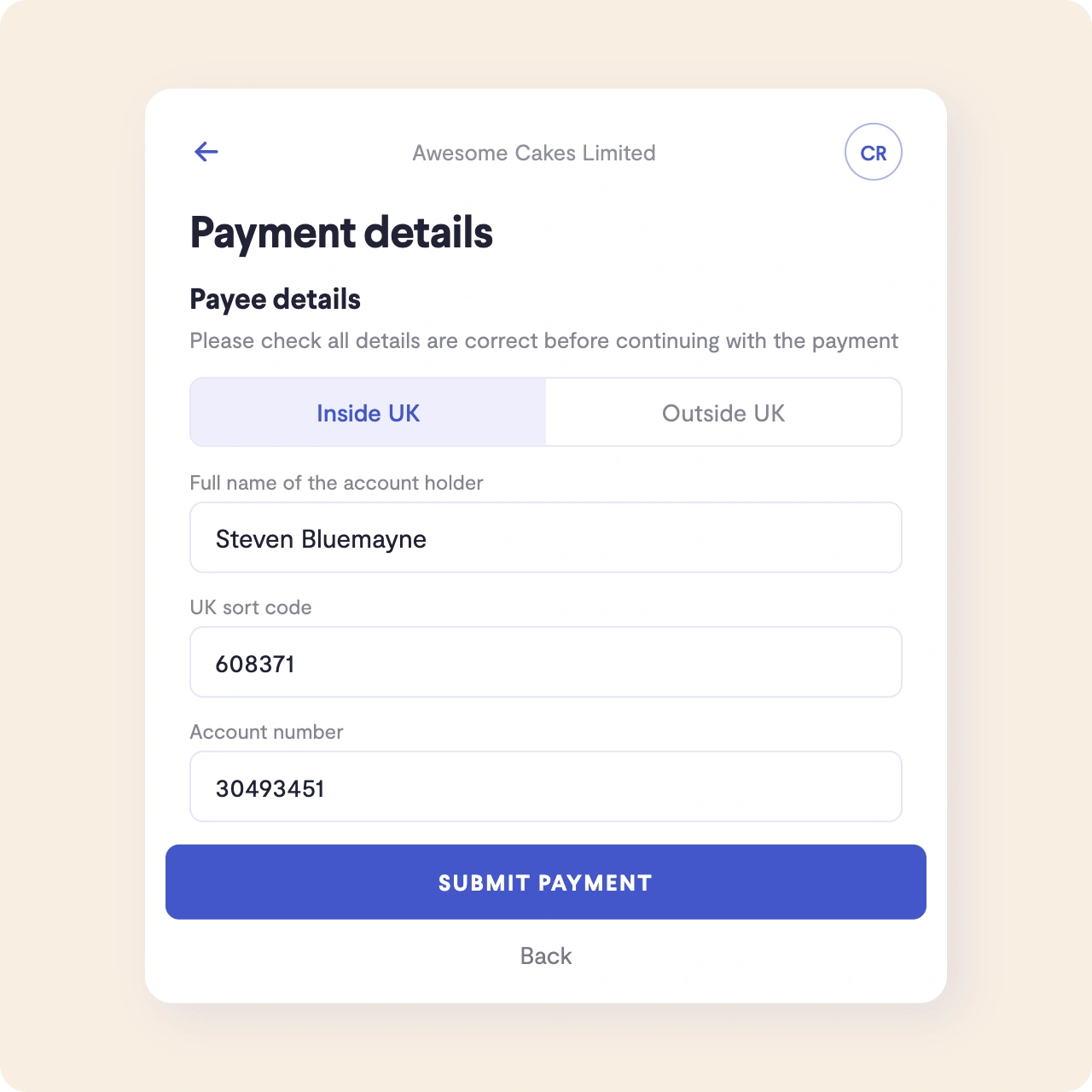 Telleroo app: create a single payment