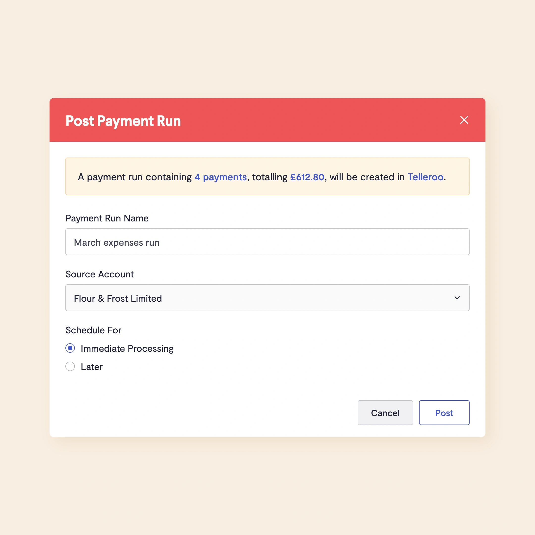 Posting an approved ExpenseIn payment run to Telleroo