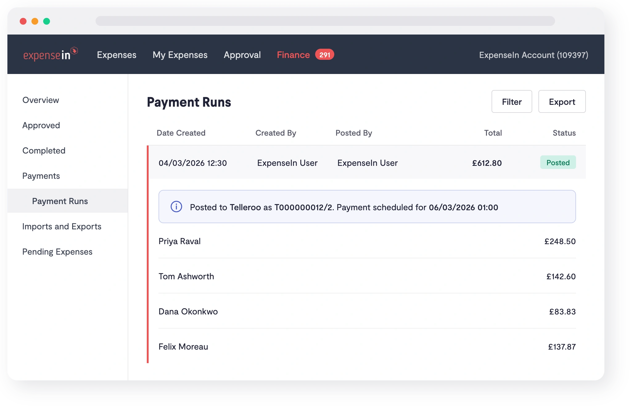 ExpenseIn expense payment runs created in Telleroo