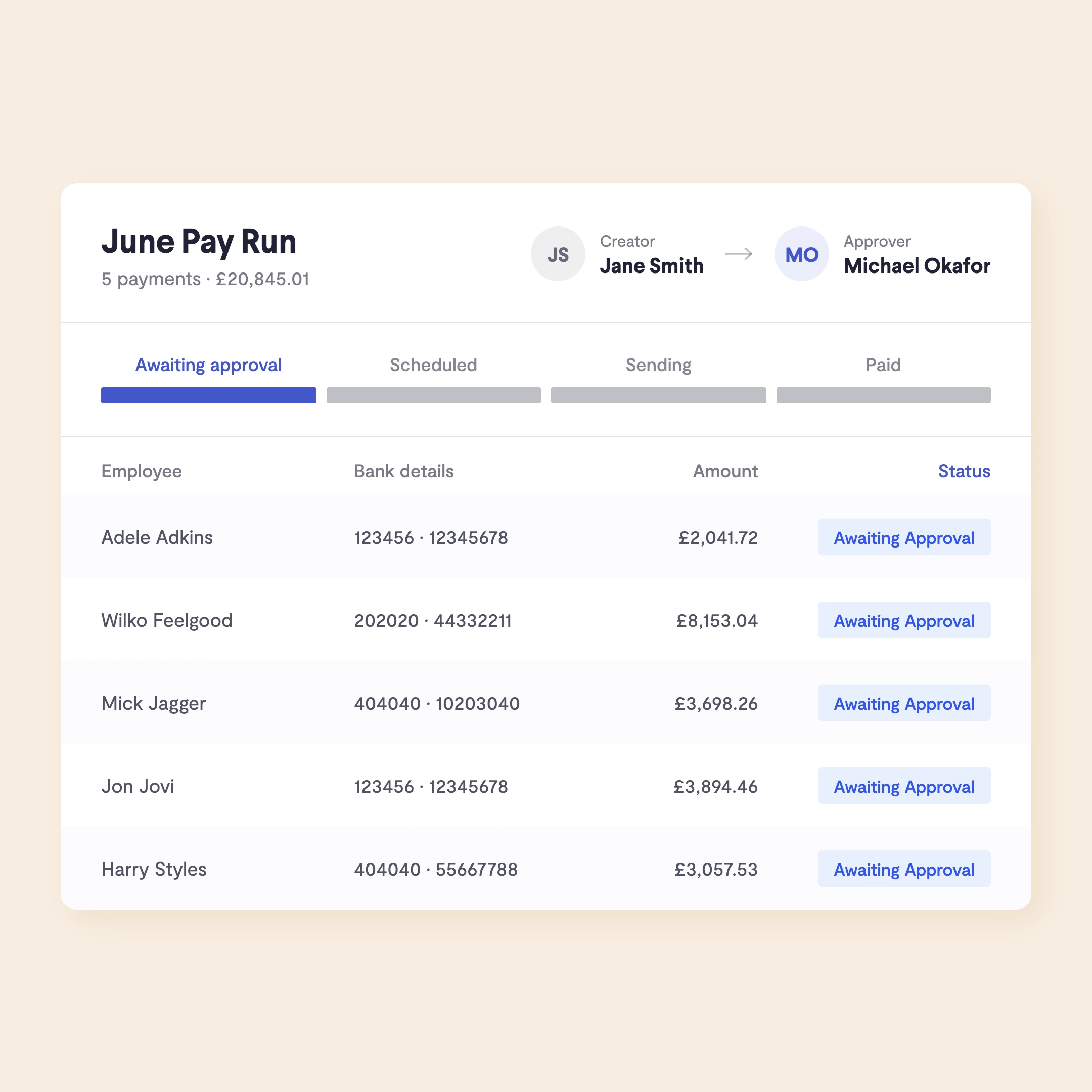 A pay run awaiting approval in Telleroo