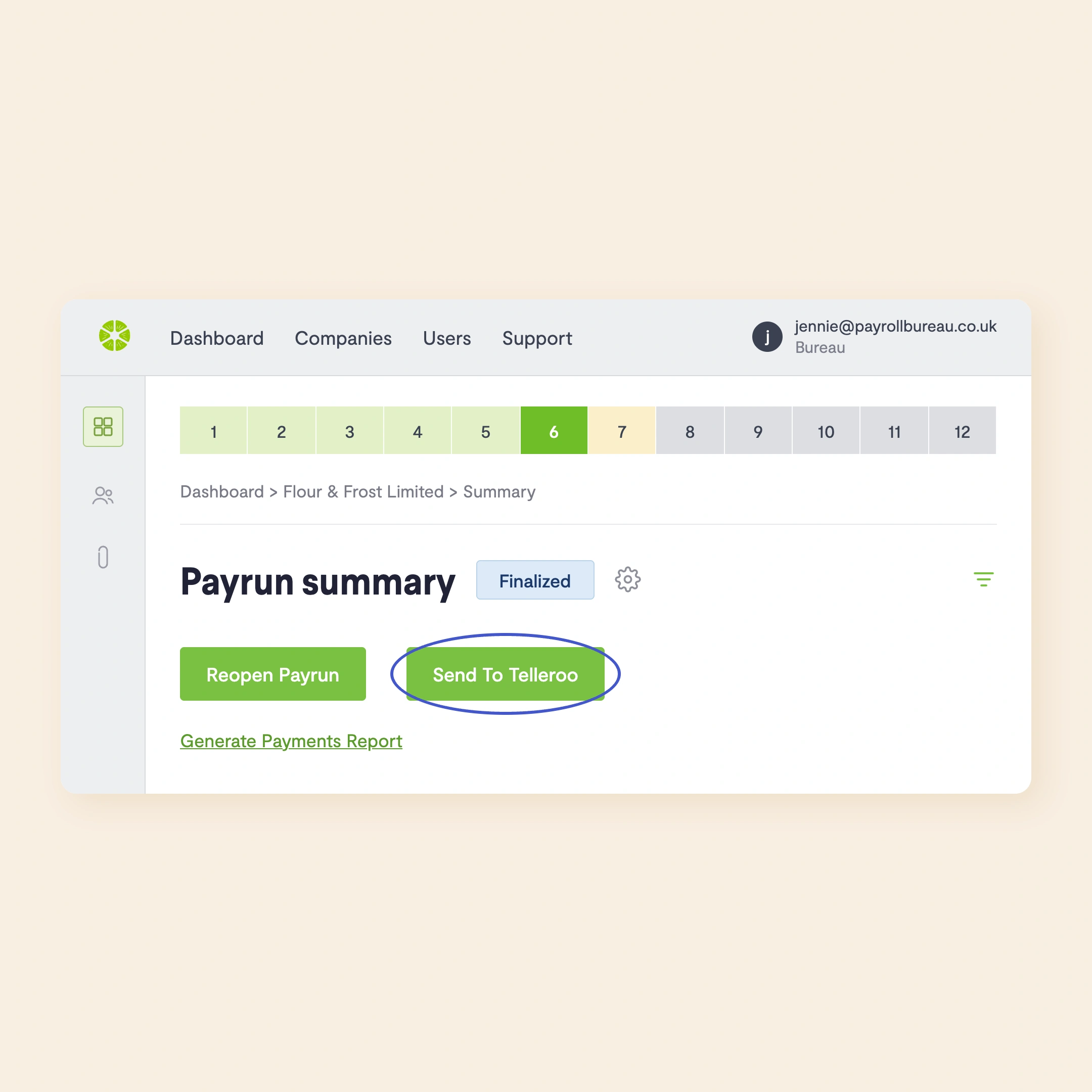 Send To Telleroo button on a finalised FreshPay payrun summary