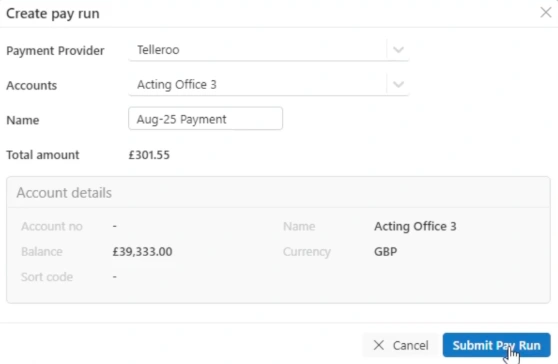 Creating a pay run in Acting Office with Telleroo as the payment provider