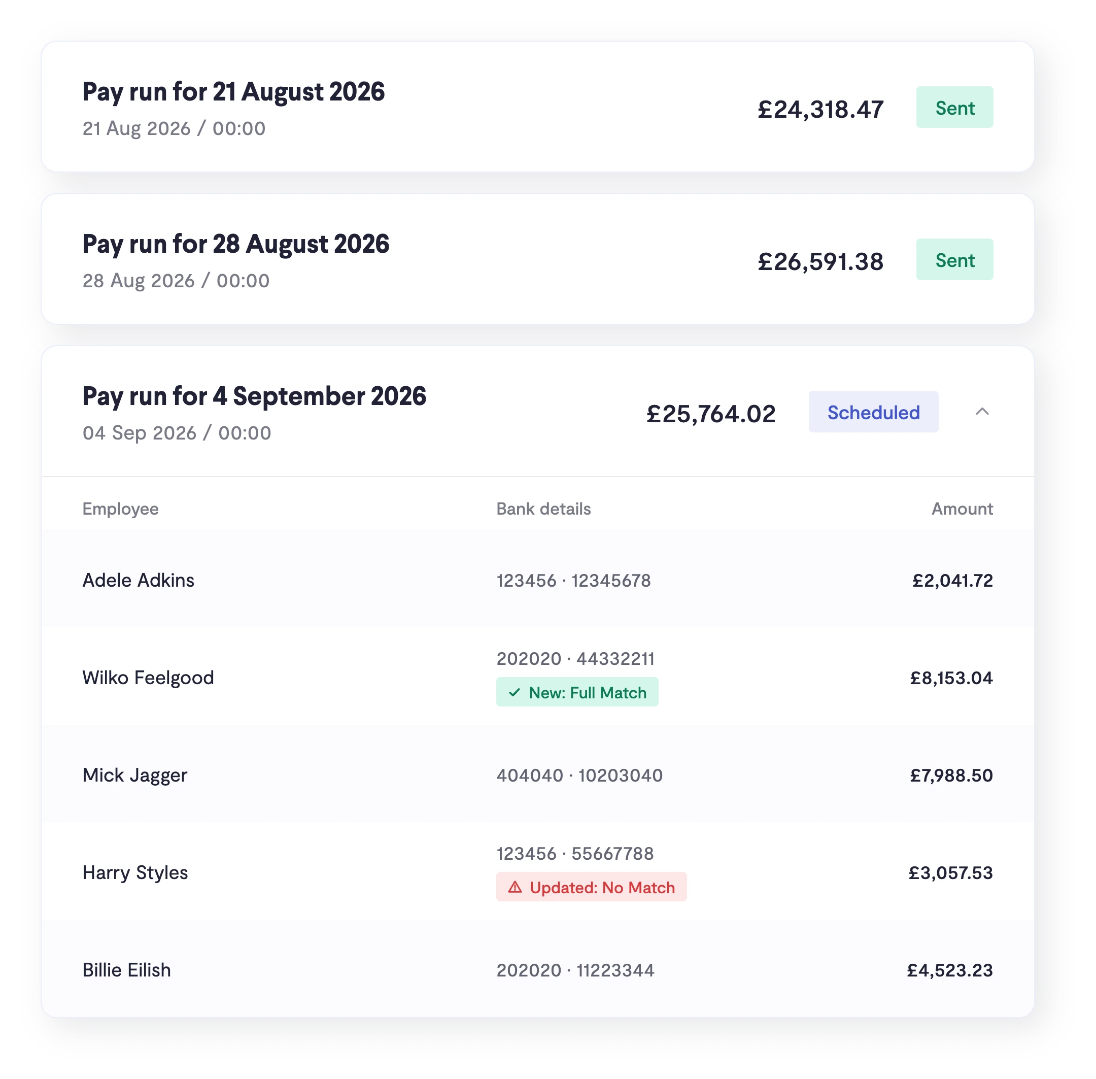 Telleroo pay runs list with sent and scheduled pay runs, expanded to show employee bank details and amounts