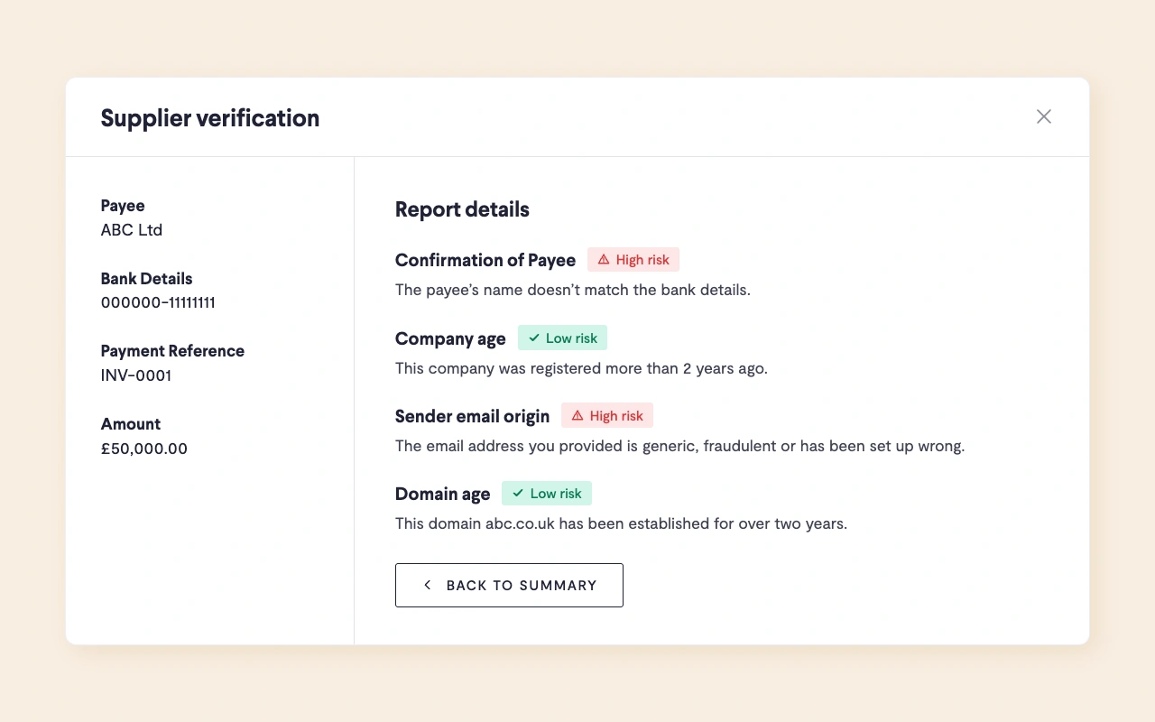 Supplier verification fraud risk check