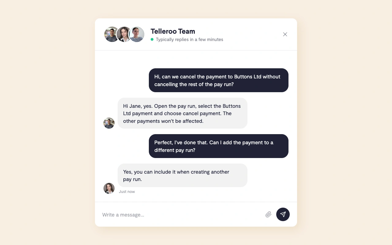 Chatting with the Telleroo support team