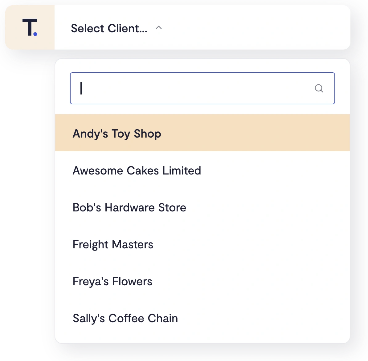 Telleroo client switcher with a searchable list of companies