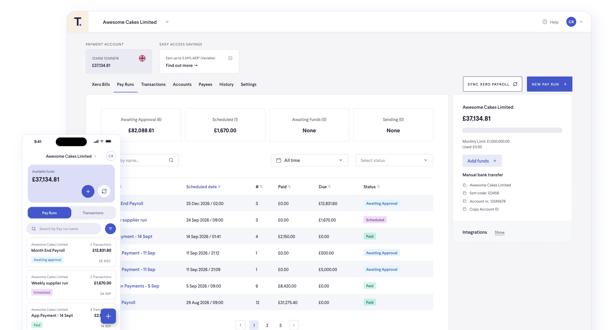 Telleroo pay runs dashboard and mobile app