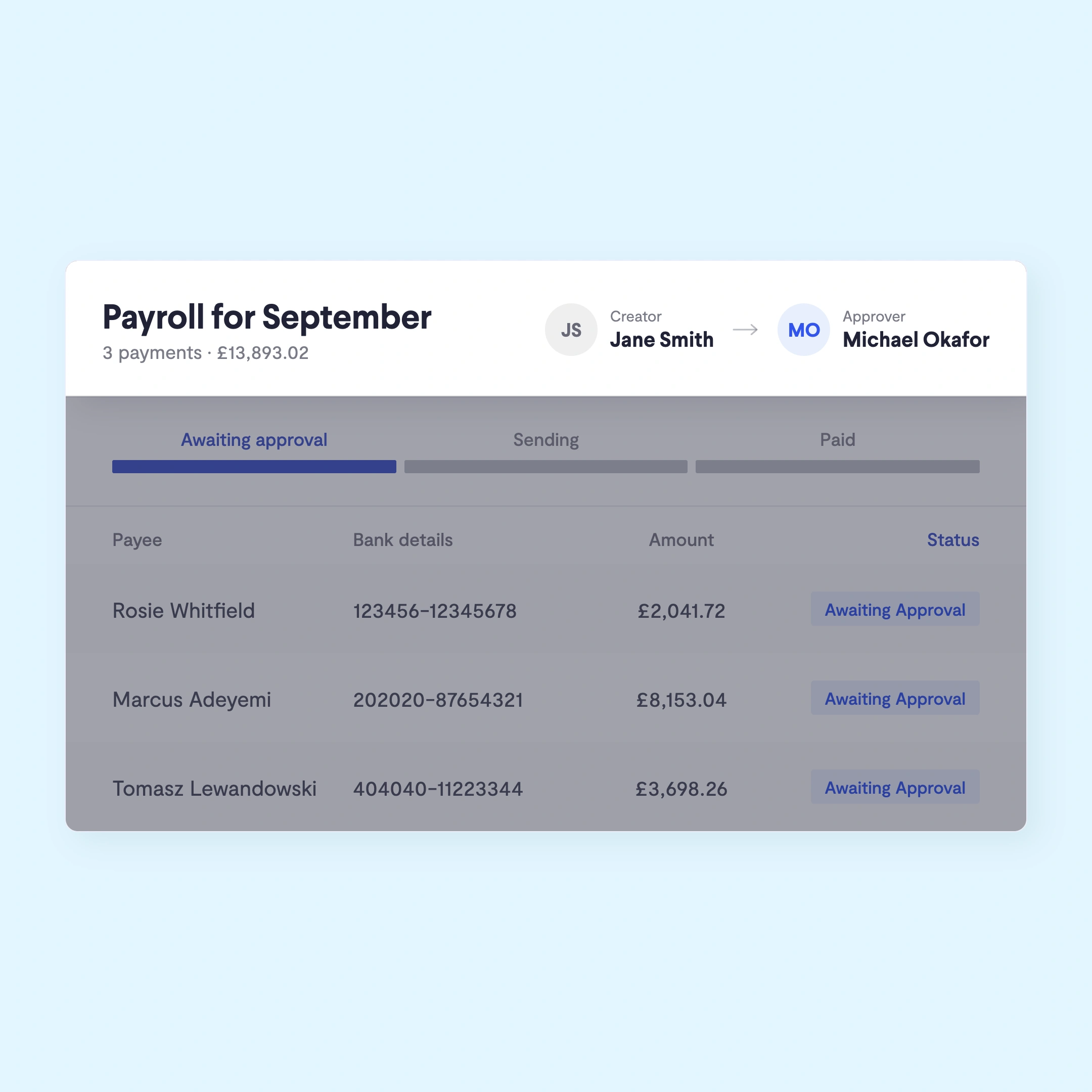 Pay run with creator and approver awaiting approval