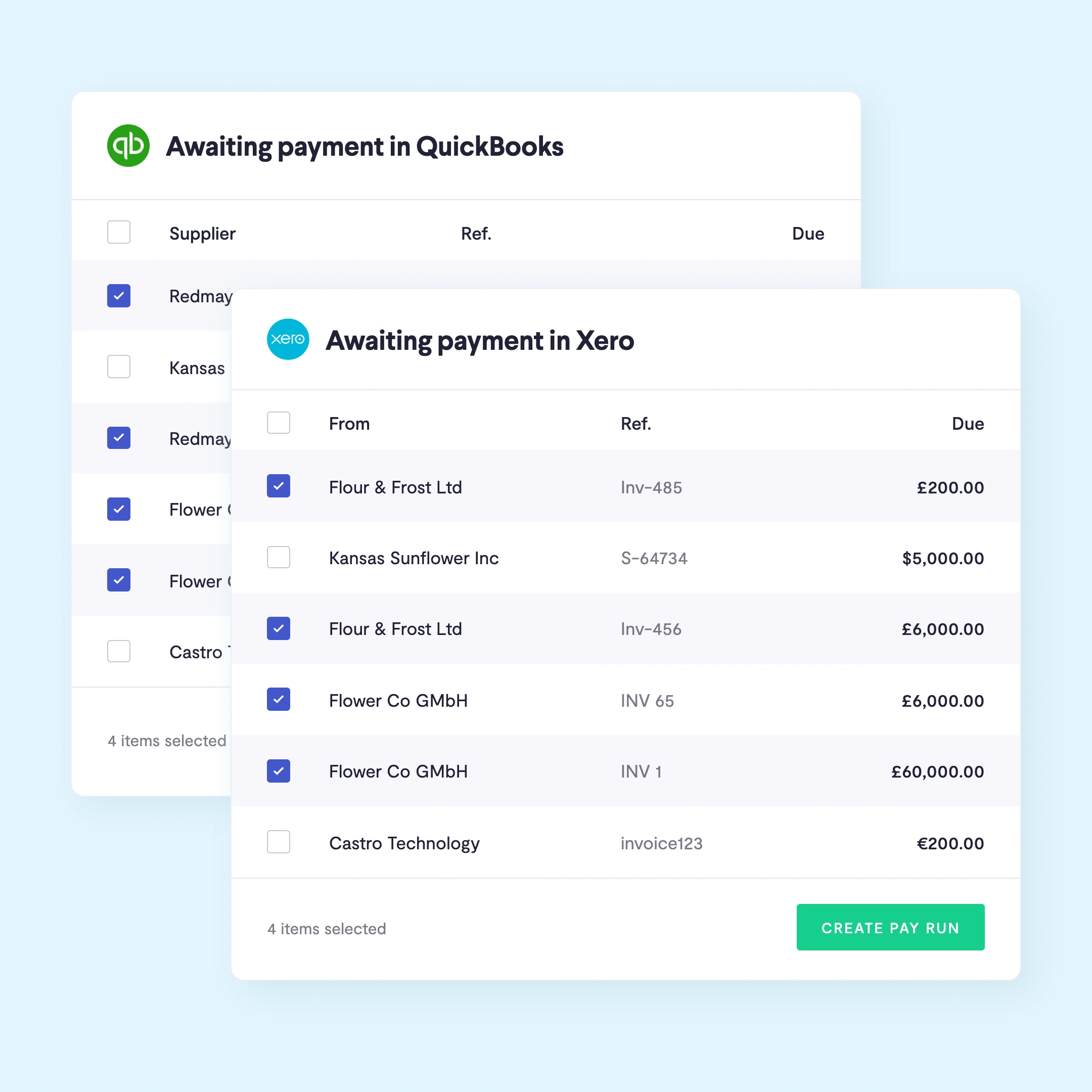 Bills awaiting payment in QuickBooks and Xero