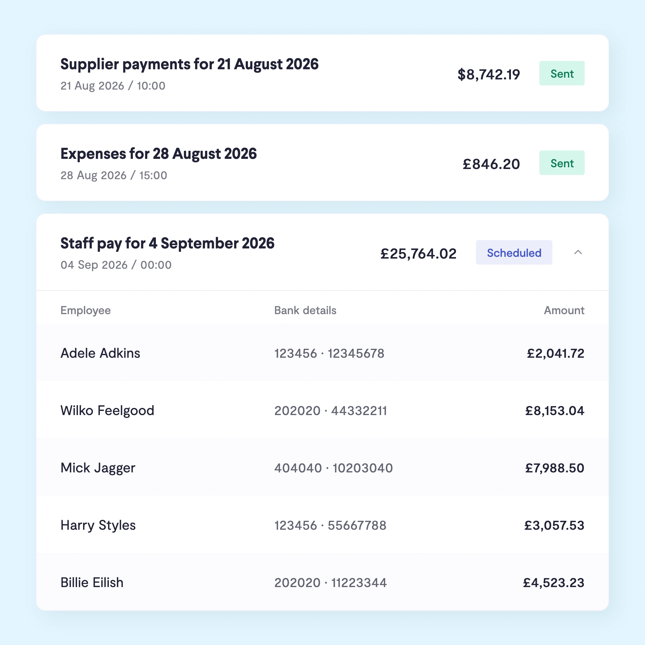 Supplier, expenses and staff pay runs with sent and scheduled statuses