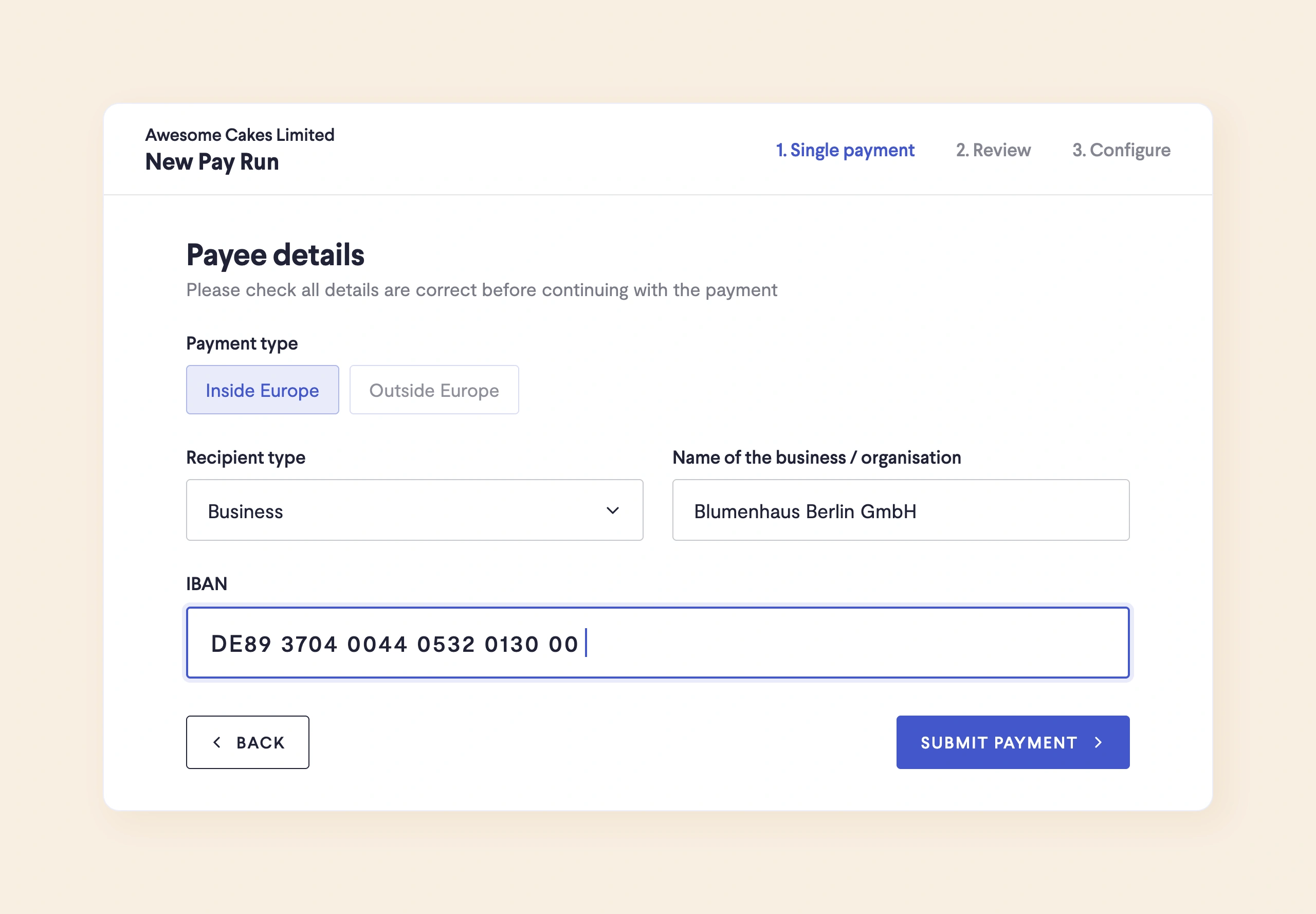 Entering an IBAN for a payee in Telleroo