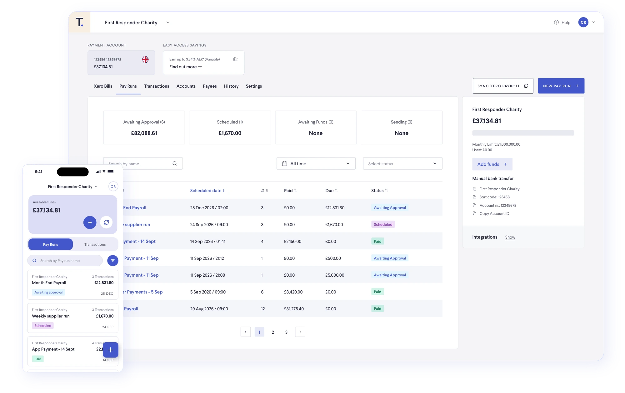 Telleroo charity payments dashboard and mobile app showing a charity's pay runs and available funds