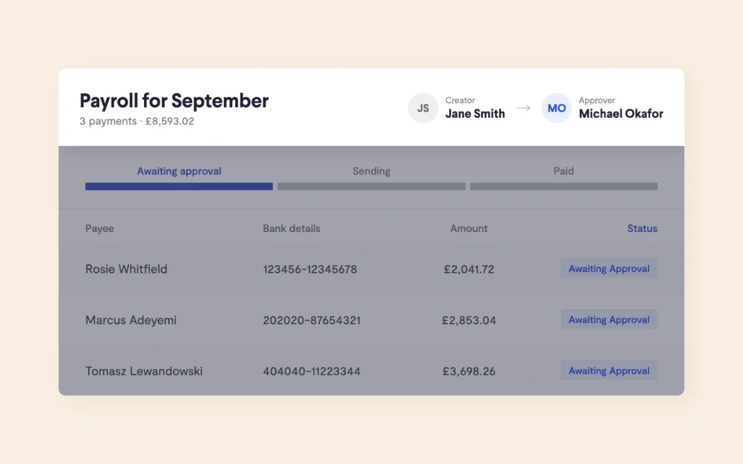 Payment approval workflow set up to match a charity's financial controls in Telleroo