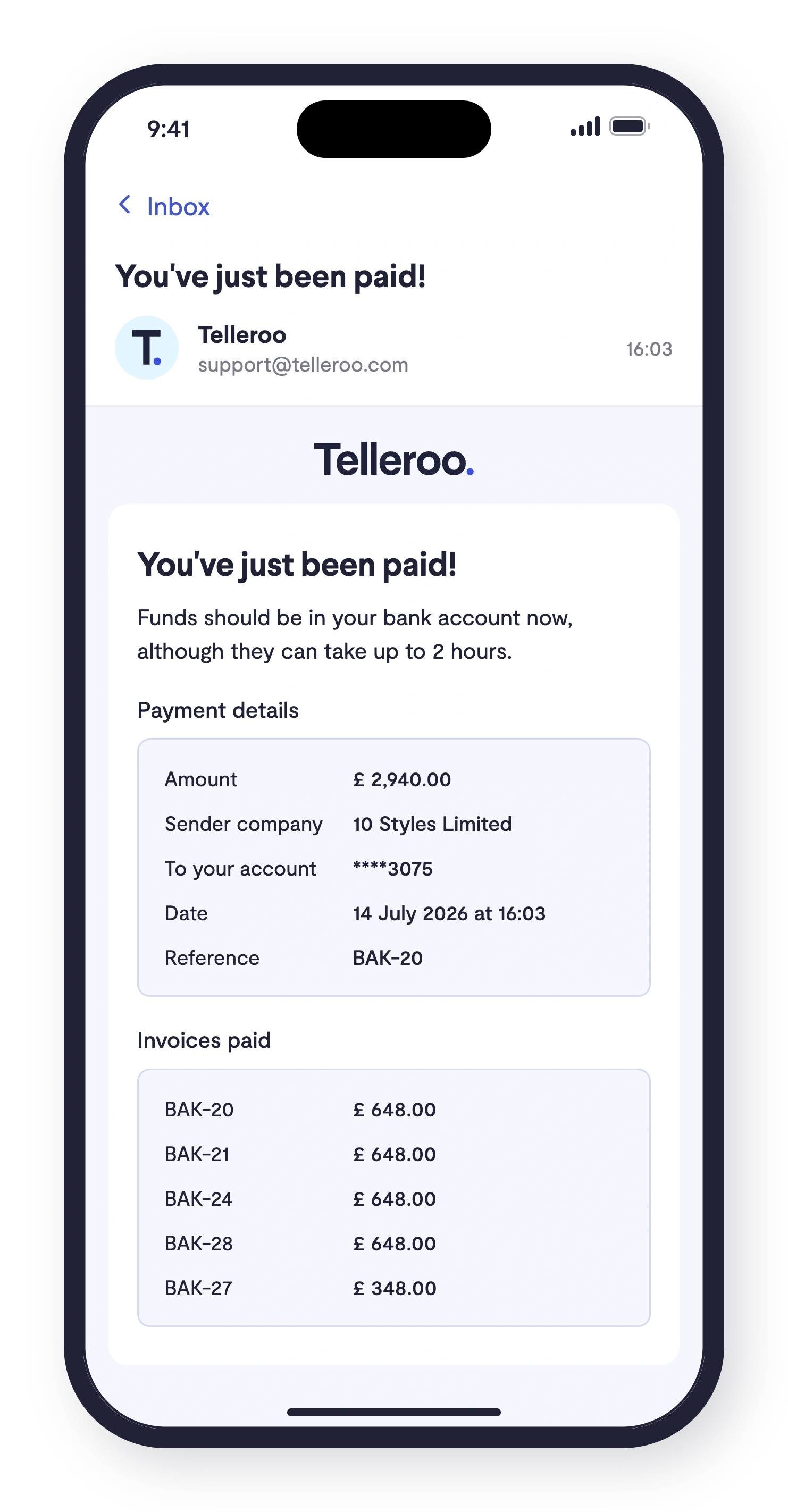 Remittance advice email on a phone: You've just been paid, with payment details and invoices paid