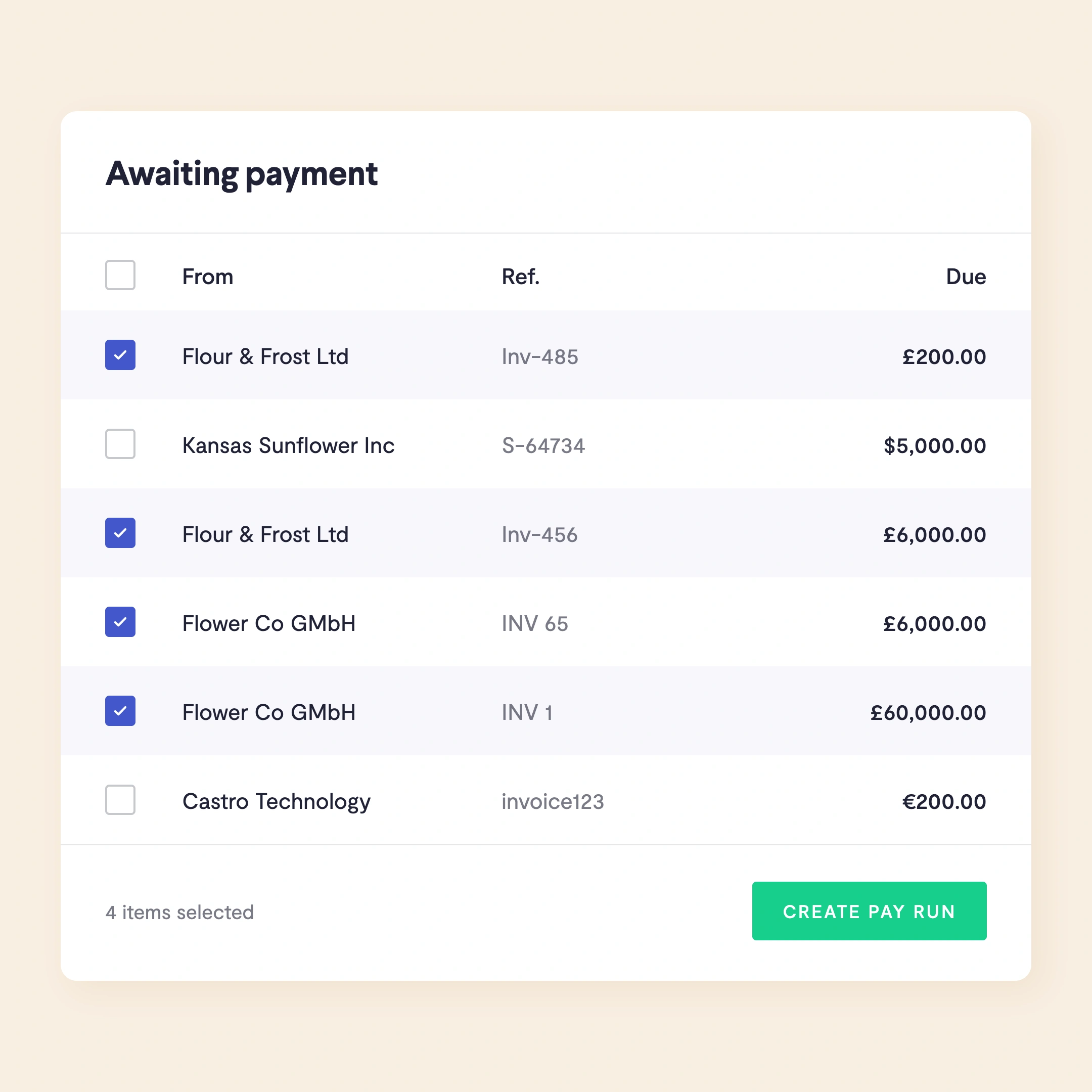 Awaiting payment list with four invoices selected and a create pay run button