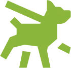 Green stylized graphic of a person with a backpack walking a dog.