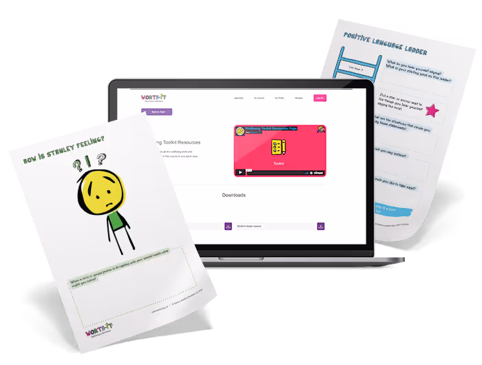 Wellbeing Toolkit on a laptop and with resources