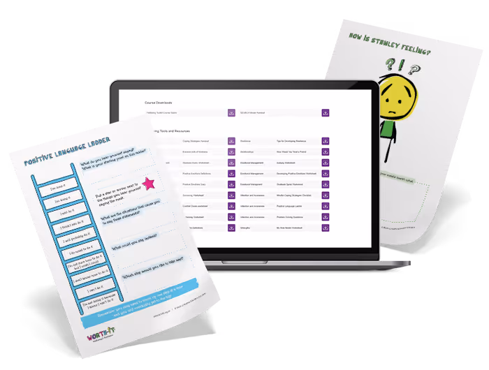 Wellbeing Toolkit on a laptop and with resources