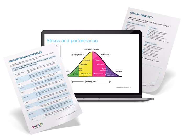 Wellbeing club on a laptop and with resources