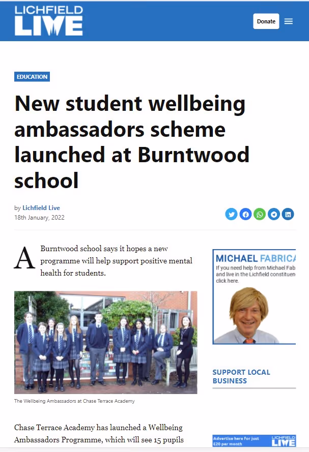 Burntwood School Wellbeing Ambassador Success Story