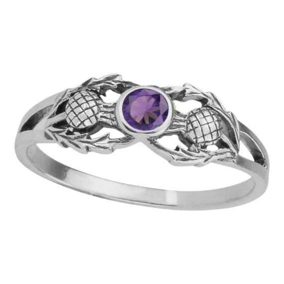 Sterling Silver 925 Scottish Thistle Ring with Amethyst