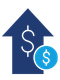 Blue upward arrow with a dollar sign inside and a blue coin symbol beside it.