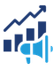 Blue bar chart with an upward trending arrow and a megaphone icon symbolizing marketing growth.