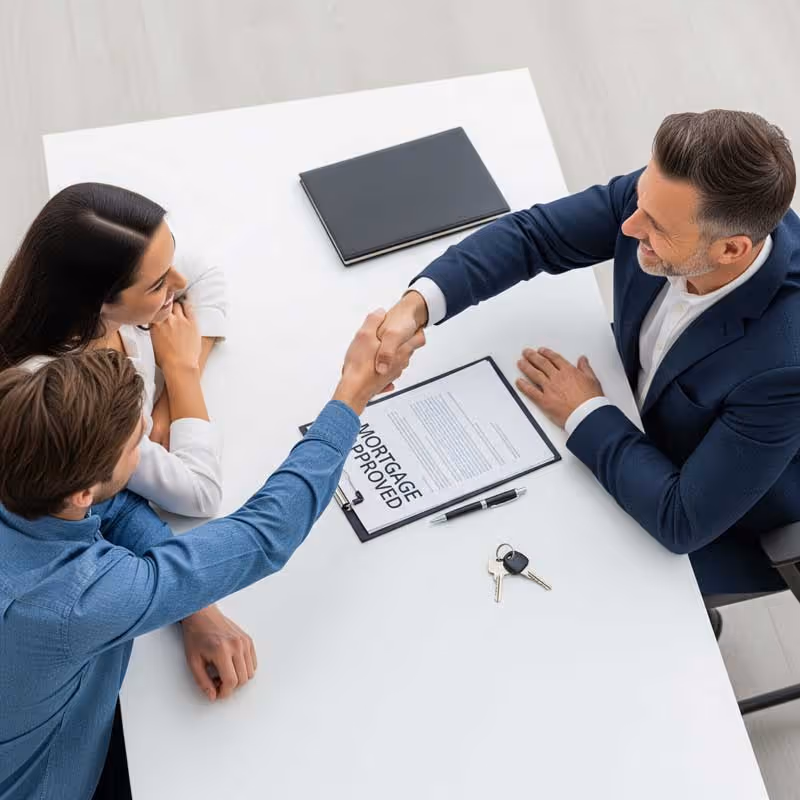 Couple who is shaking hands after closing their loan at the title service company
