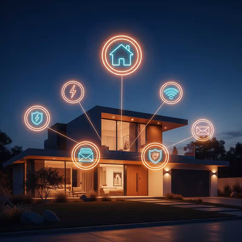 Home at night with neon icons displaying home services that can be moved when your loan closes