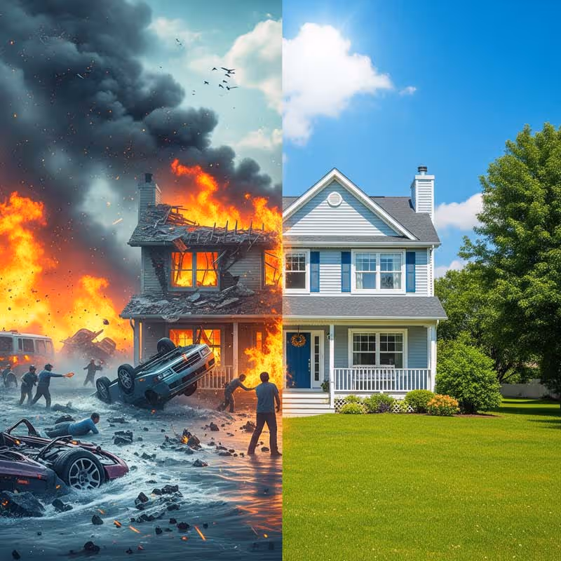Split image of a home with one side displaying destruction and the other side showing the house in perfect shape