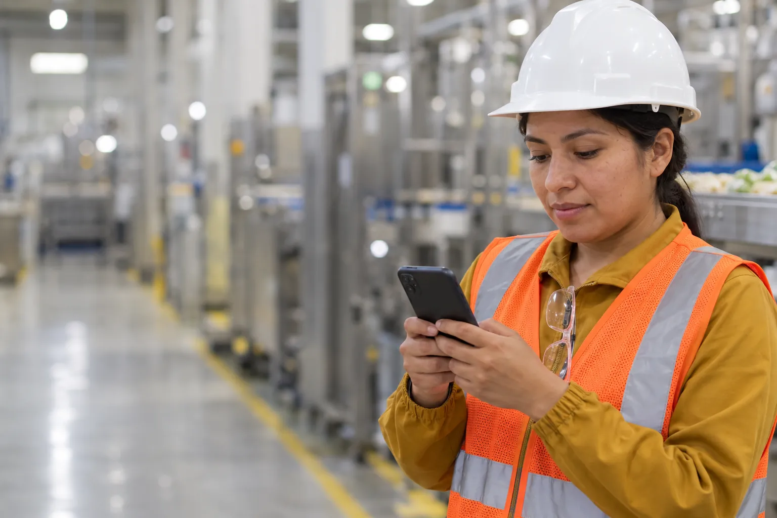 Trabajadora de planta con casco y chaleco usando su celular